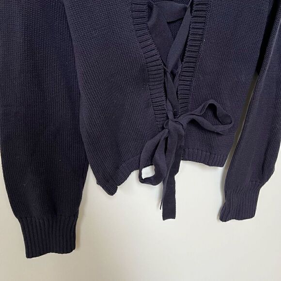 525 America Open Back Lace Up Turtleneck Chunky Knit Sweater Navy Blue S NWT - Picture 4 of 10